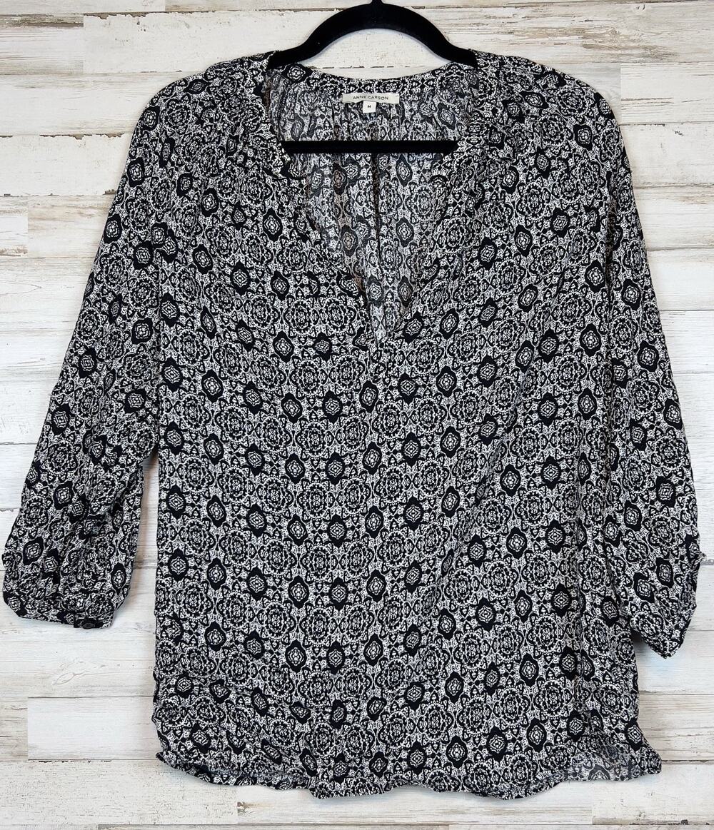 Anne Carson Blouse Women’s Size L Black White Geometric Print 3/4 Sleeve Top